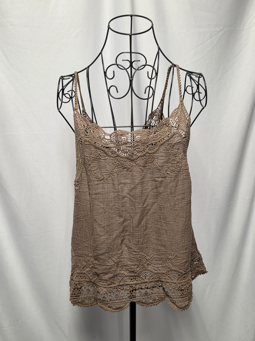 dylan Boho Chic Taupe Crochet-Trim Camisole Tank